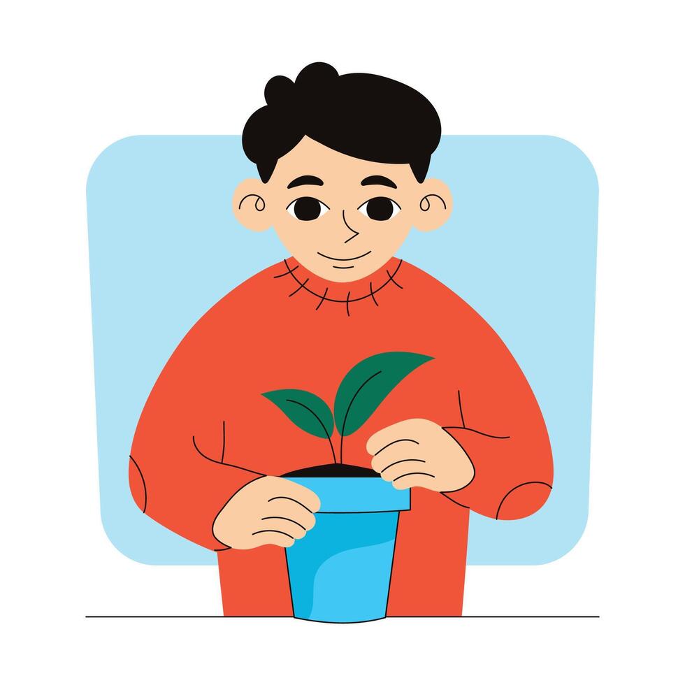 Gardening. Man plants a sprout in a pot. Vector graphic.