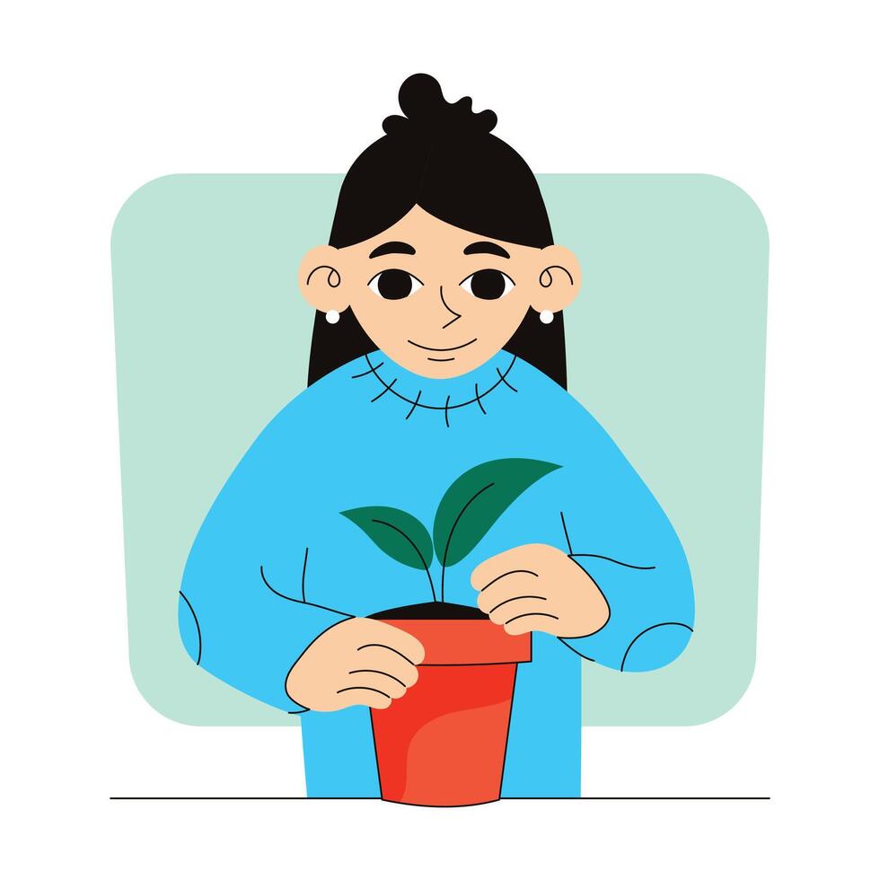 Gardening. Woman plants a sprout in a pot. Vector graphic.