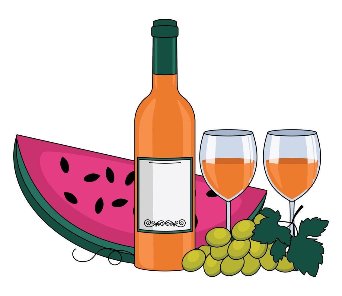 Bottle of orange wine, wine in glasses, watermelon and grapes. With an outline. Vector graphic.