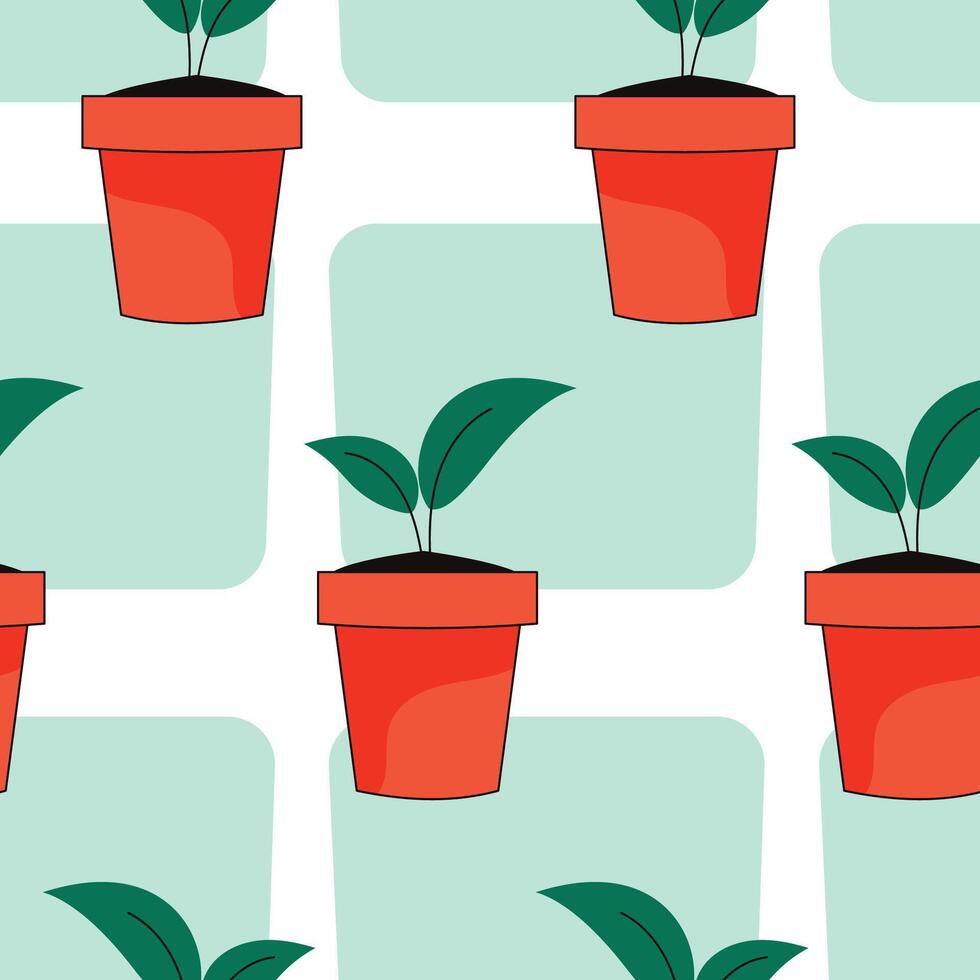Seamless pattern. Gardening. Plant in the pot. Vector graphic.