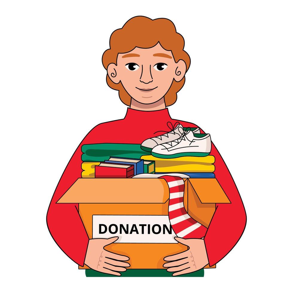 Man holds a box of items for donation. Help. Clothes, books, shoes. Vector graphic.