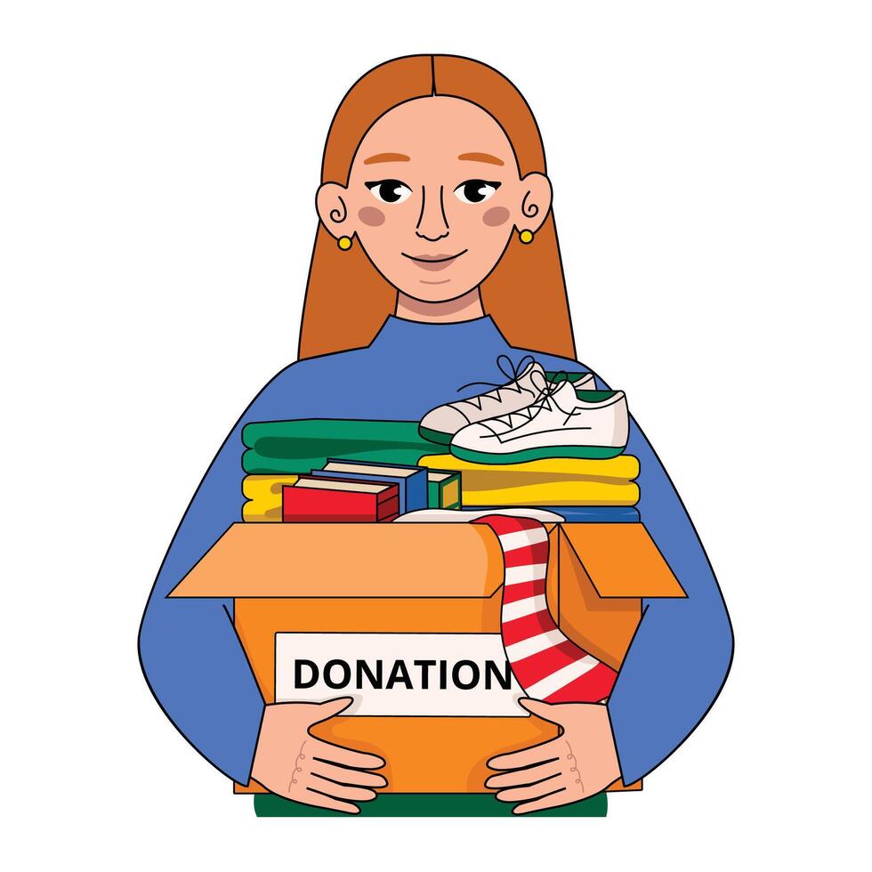 Woman holds a box of items for donation. Help. Clothes, books, shoes. Vector graphic.