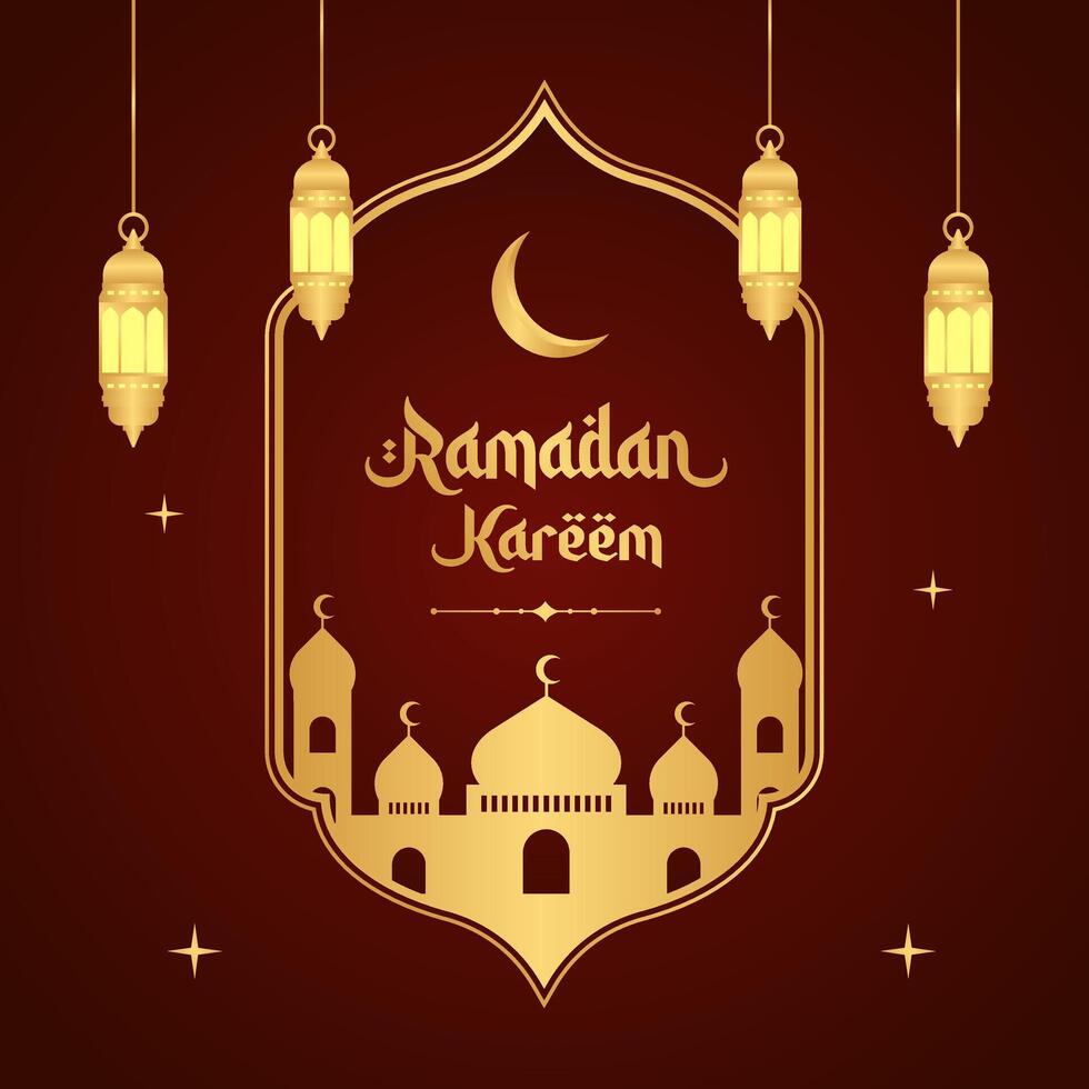 Islamic greetings Ramadan Kareem background design with golden frame, mosque, and lanterns. Ramadan template poster for social media post vector