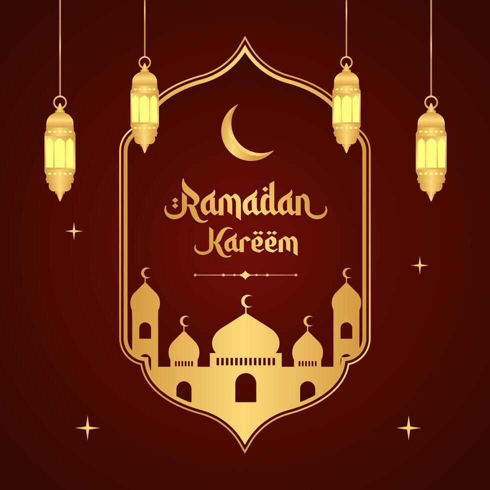 islámico saludos Ramadán kareem antecedentes diseño con dorado marco, mezquita, y linternas Ramadán modelo póster para social medios de comunicación enviar vector