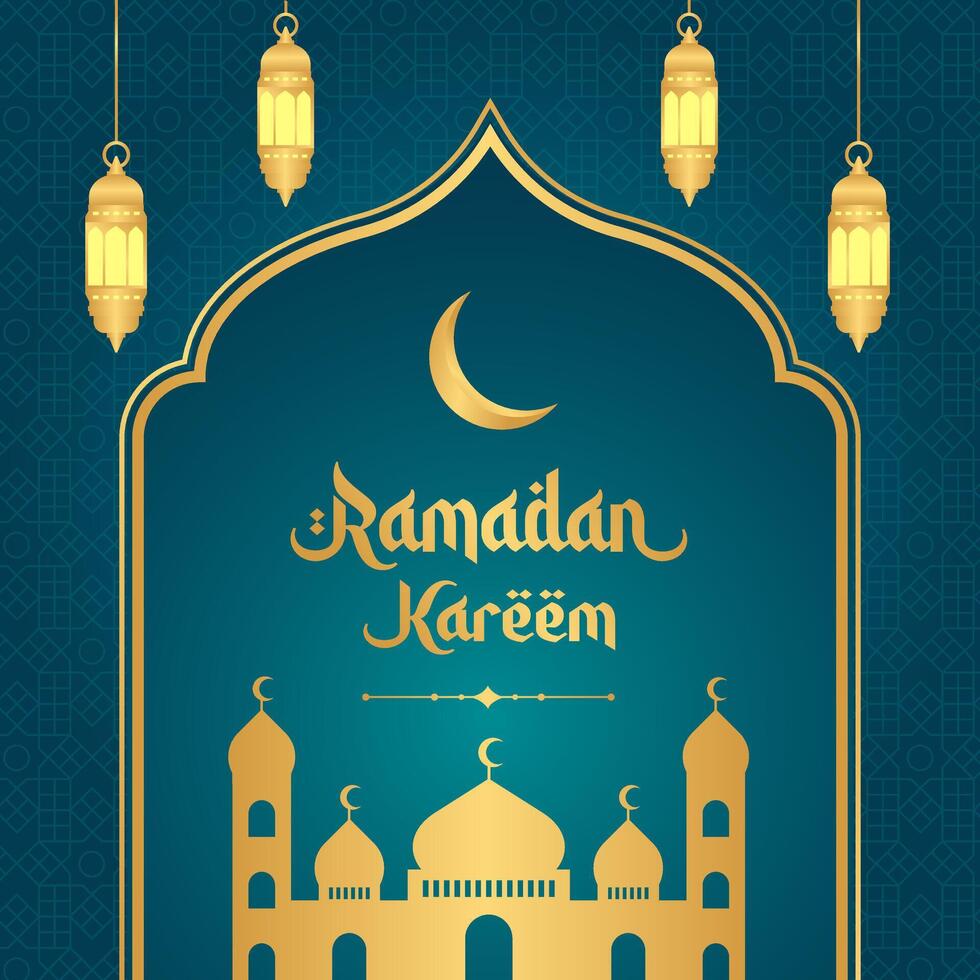 Islamic greetings Ramadan Kareem background design with golden frame, mosque, and lanterns. Ramadan template poster for social media post vector