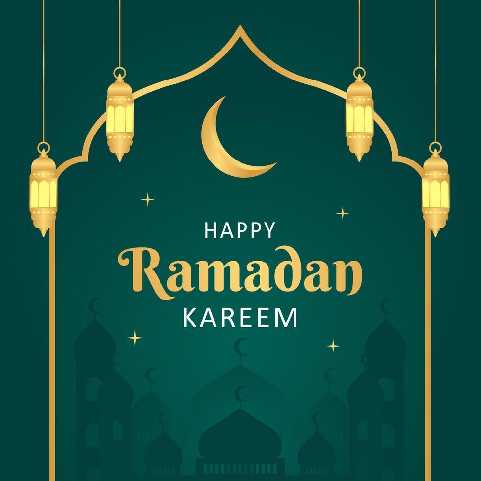 Islamic Ramadan celebration template poster design with gold frame and lantern illustration. Ramadan green square background, Islamic post vector