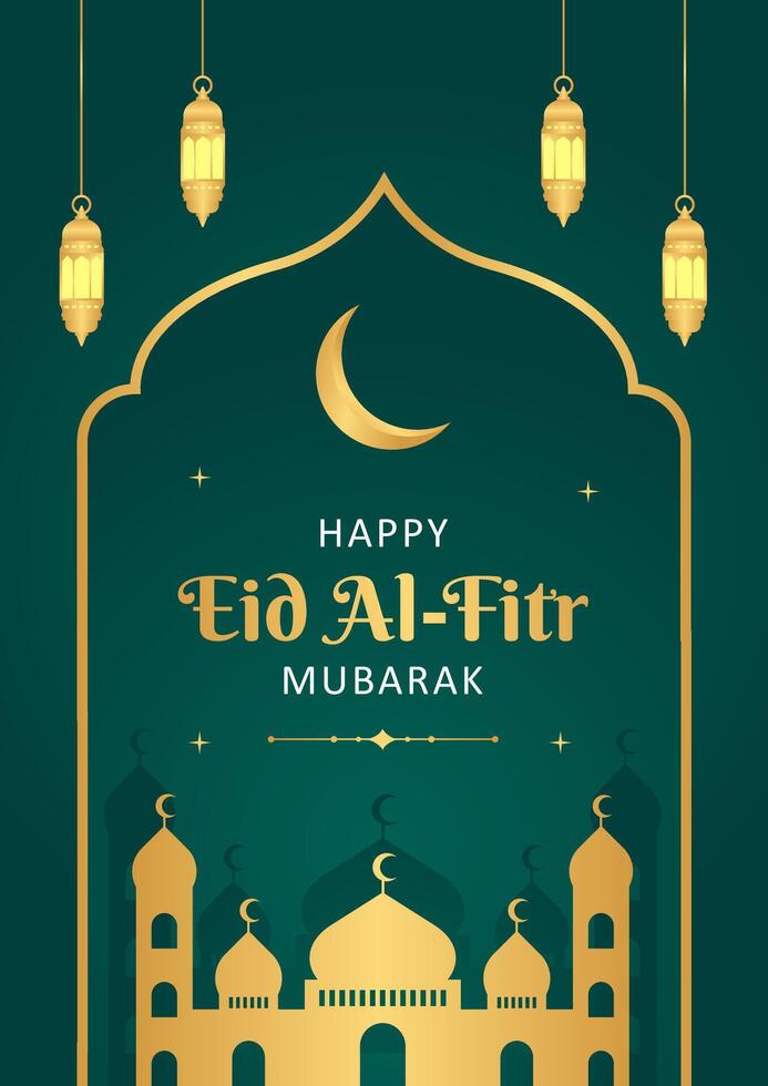 Eid Al-Fitr Mubarak Islamic greetings vector illustrations. Template poster design with gold frame, mosque, and lantern illustration.