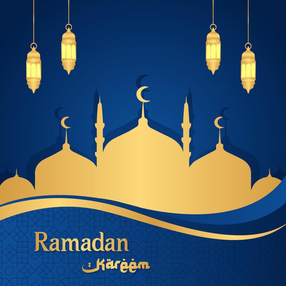 islámico saludos Ramadán kareem azul antecedentes diseño con mezquita y linternas Ramadán cuadrado modelo póster vector