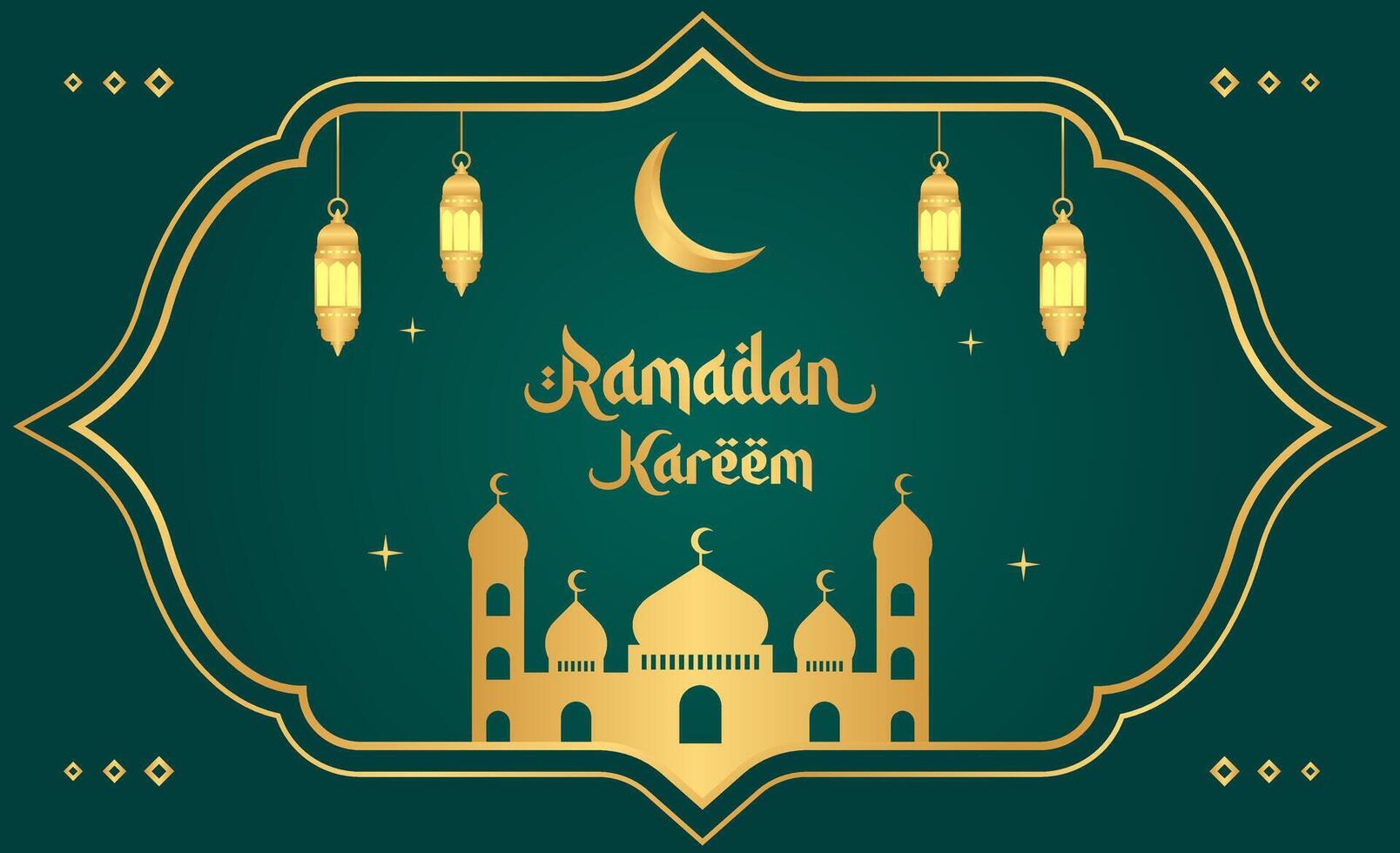 Islamic Ramadan celebration background design with gold frame, mosque, and lanterns. Ramadan template banner vector illustration