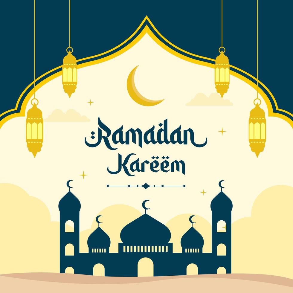 Islamic Ramadan celebration Square template poster design with mosque, and lanterns. Ramadan background frame vector illustrations