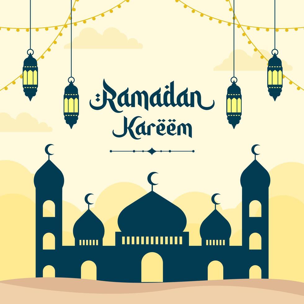 Islamic greetings Ramadan Kareem. Beautiful template poster background design with mosque and lanterns. Ramadan vector illustrations