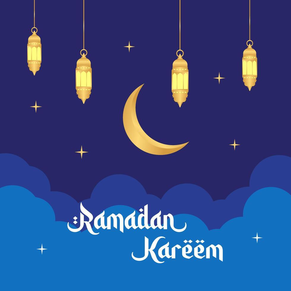 islámico saludos Ramadán Kareem, azul antecedentes diseño con linternas y Luna ilustraciones. Ramadán cuadrado modelo póster vector