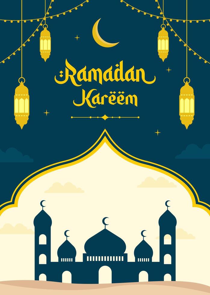 Islamic Ramadan celebration Ramadan Kareem template poster design with mosque, and lanterns. Ramadan background frame vector illustrations