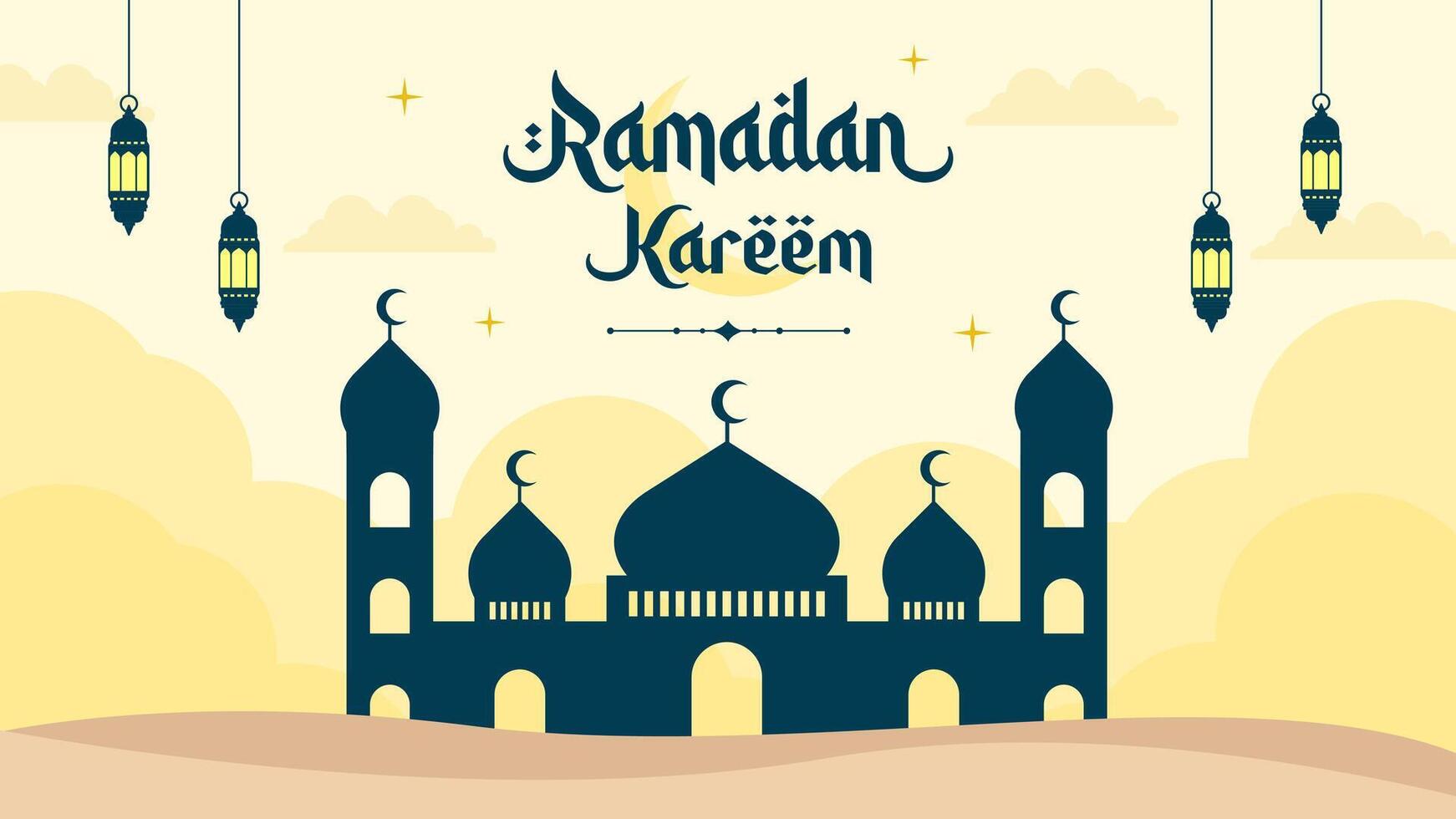 Islamic greetings Ramadan Kareem. Beautiful template poster background design with mosque and lanterns. Ramadan vector illustrations