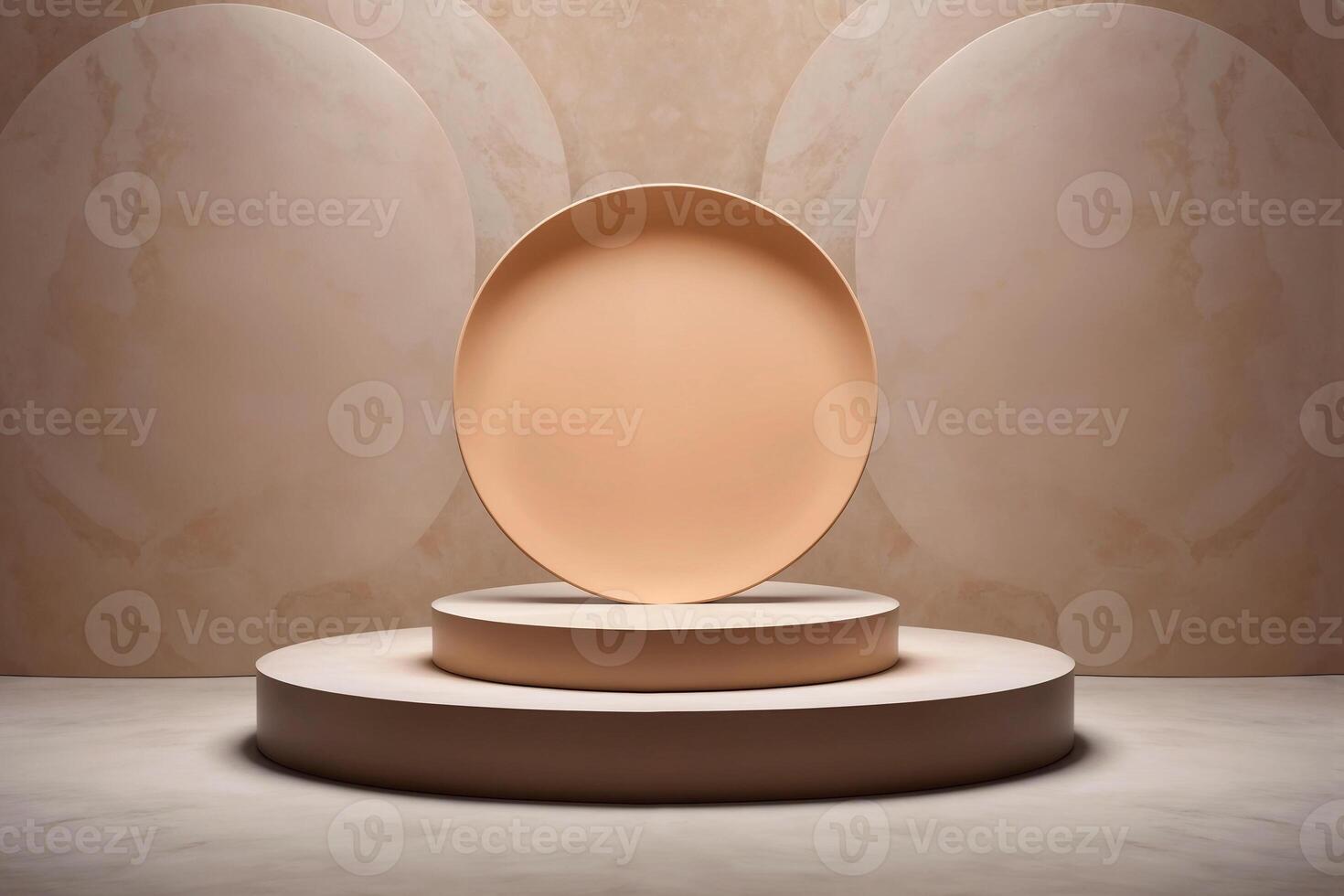 AI generated stands on a podium beige abstract background made of round arches. photo