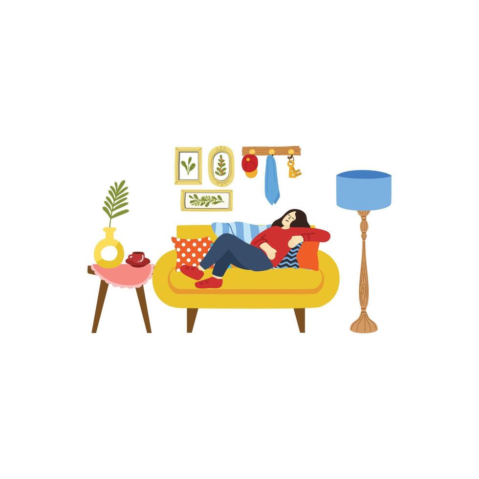 illustration of a woman tried and relaxing in living room vector
