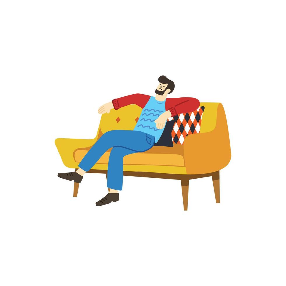 ilustración de un hombre intentó y relajante en sofá vector