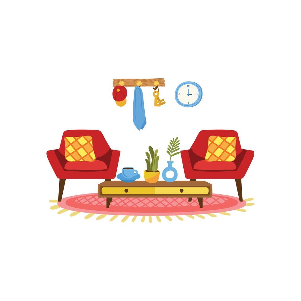 a set of furnitures in living room flat style illustration vector