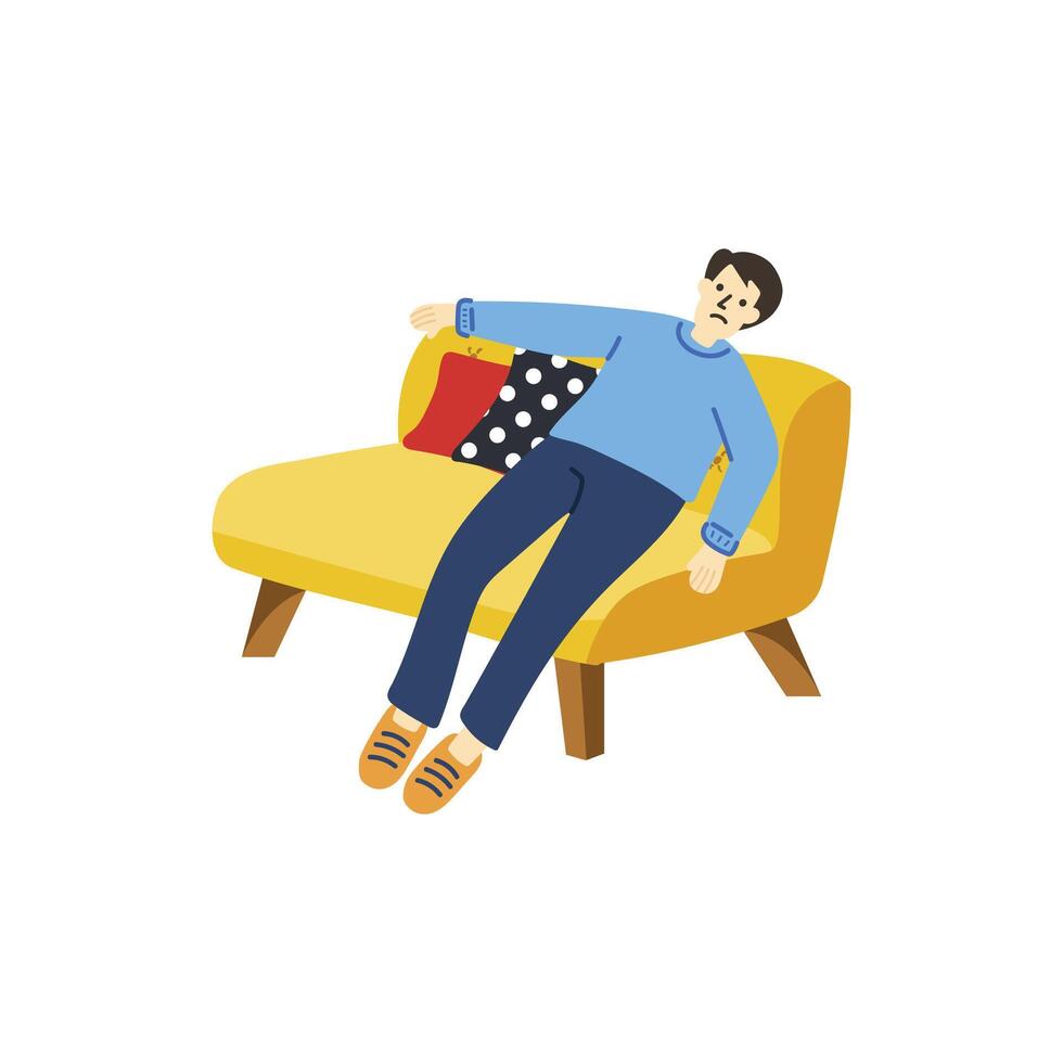 ilustración de un hombre intentó y relajante en sofá vector
