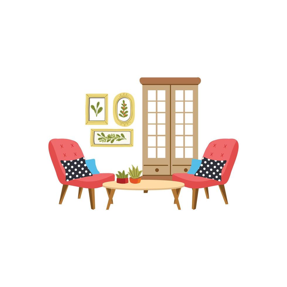 a set of furnitures in living room flat style illustration vector