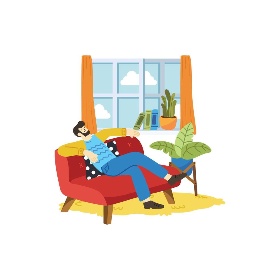 illustration of a man tried and relaxing in living room vector