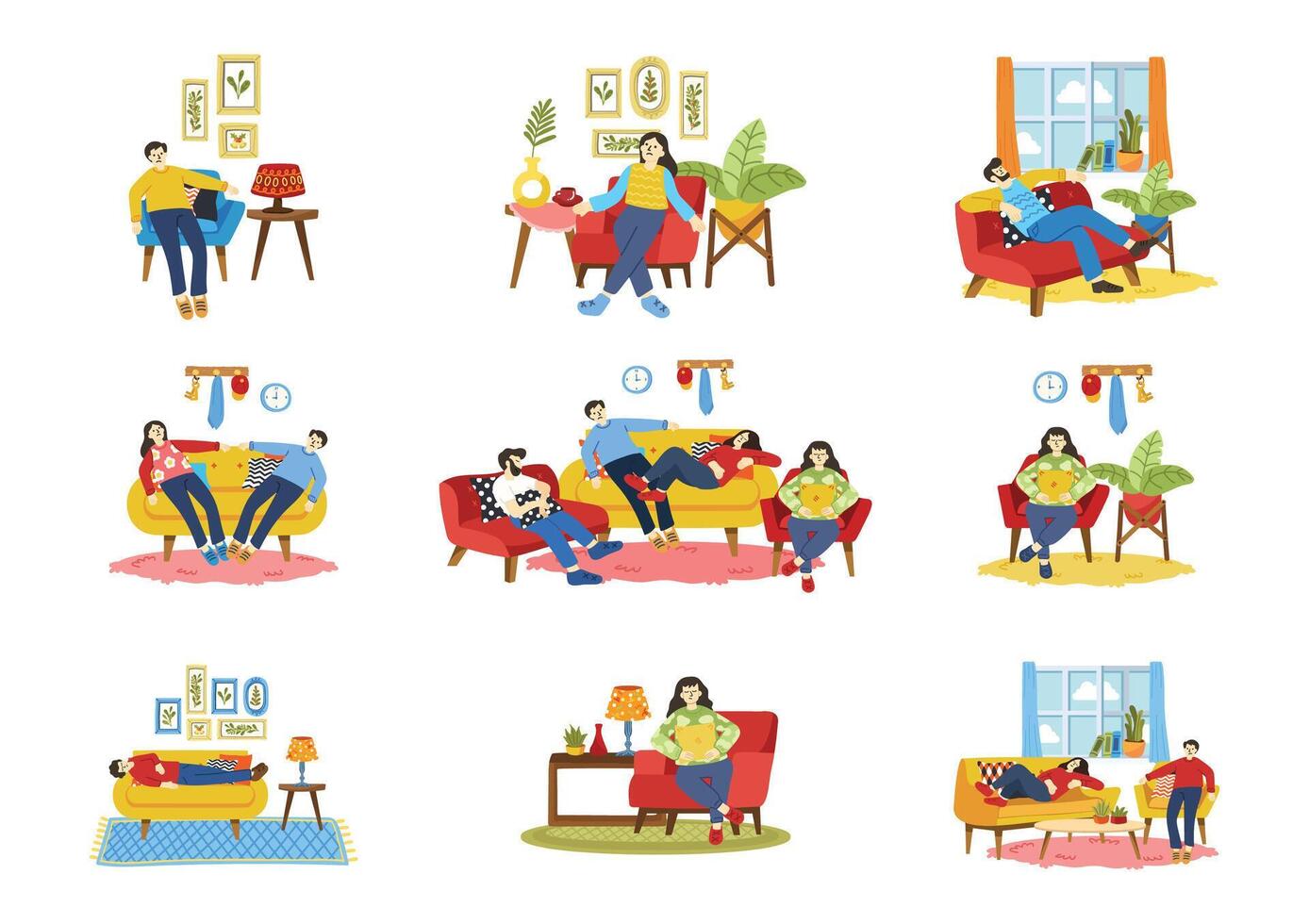 tired people laying down on couch collection flat style vector