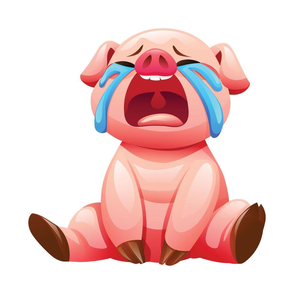 Cartoon pig crying while sitting. Vector illustration isolated on white background