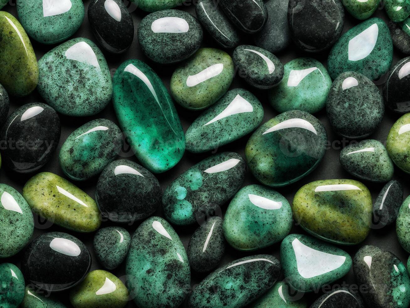 AI generated Beautiful illustration background of round black and green stones, top view. photo