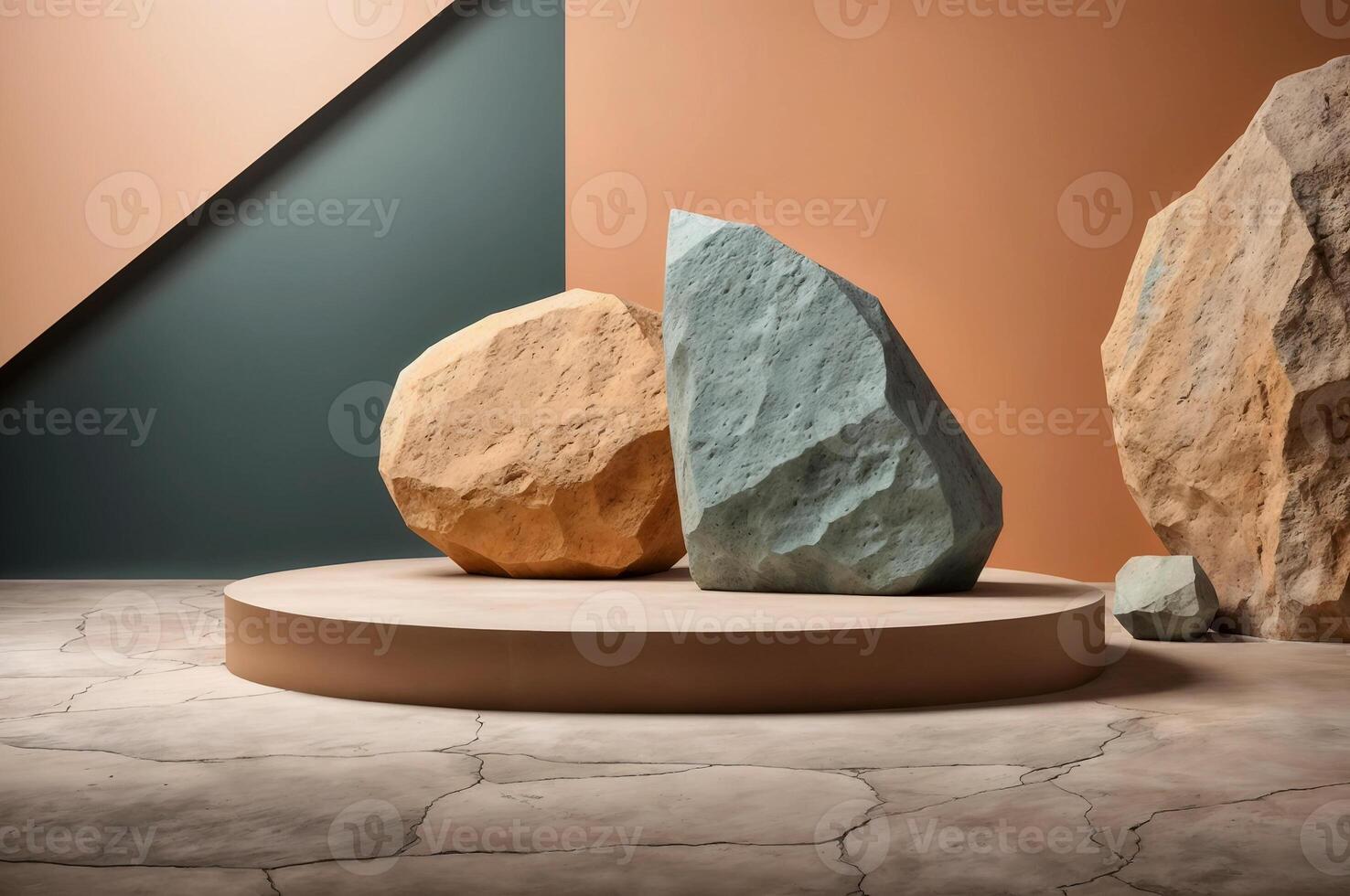 AI generated Large rock on a circular platform, surrounded by other rocks on peach background photo