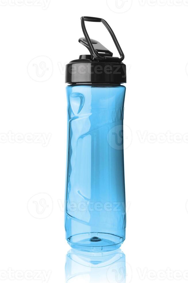 Plastic blue sports bottle. Isolated on white background. photo