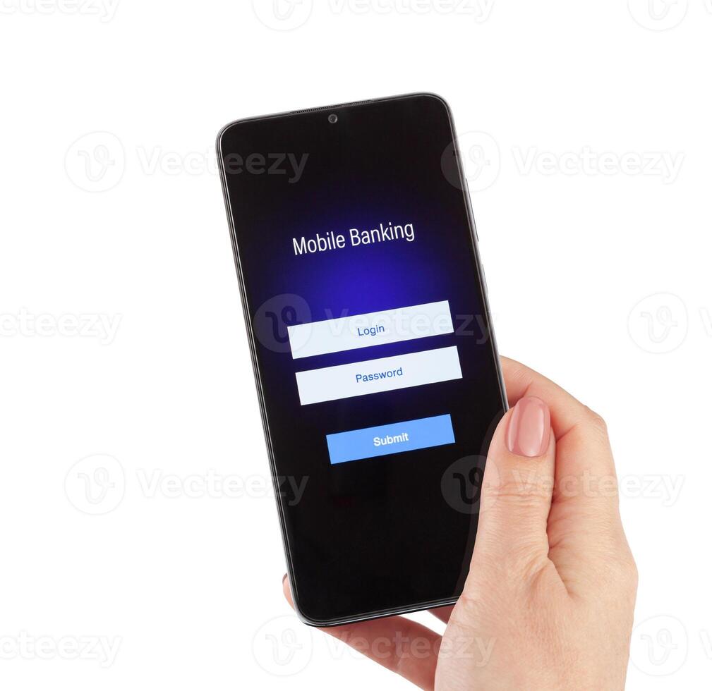 Female hand hold mobile banking on a smartphone on white photo