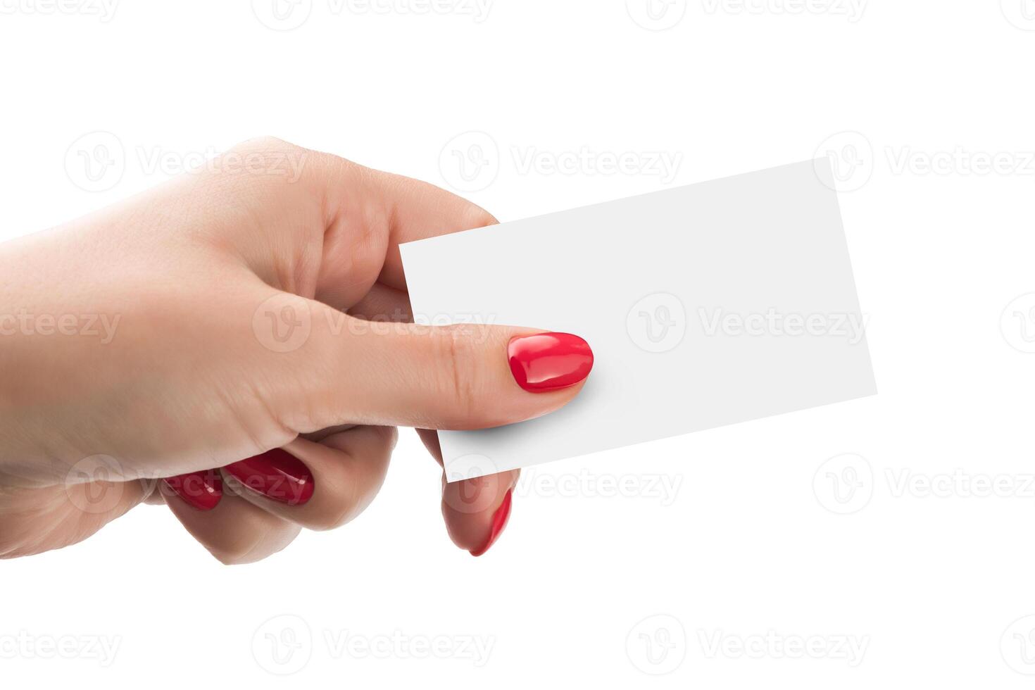 Female hand holding a business card isolated on white background photo