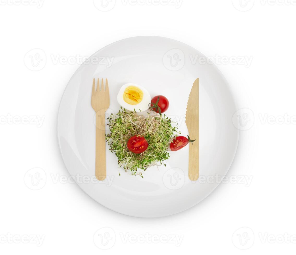 Heap of alfalfa sprouts on white plate with wooden fork and knife photo