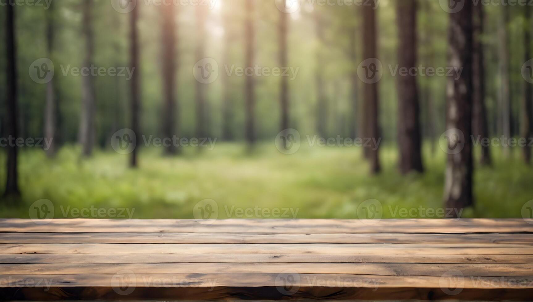 AI generated Beautiful blurred boreal forest background view with empty rustic wooden table for mockup product display. Picnic table with customizable space on table-top for editing. Flawless photo