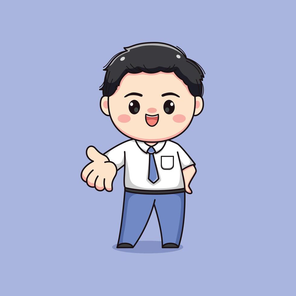 cute high school student boy greeting or showing something chibi kawaii vector