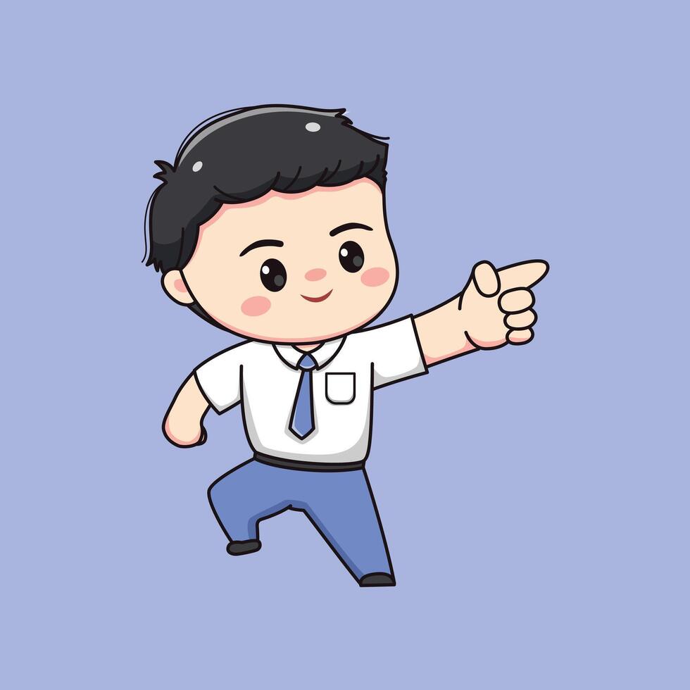 cute high school student boy with pointing finger chibi kawaii vector