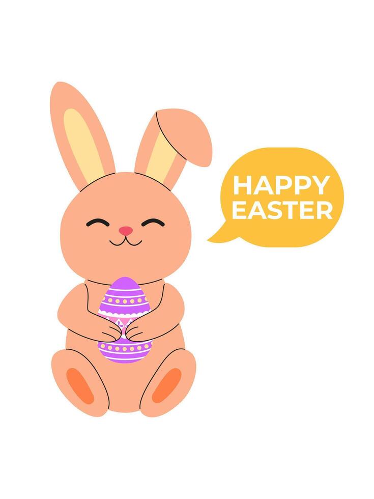 Cute Easter bunny with Easter egg and speech bubble. Happy Easter lettering. Greeting card, flyer, invitation, background. Easter spring holidays. Eggs hunt. vector