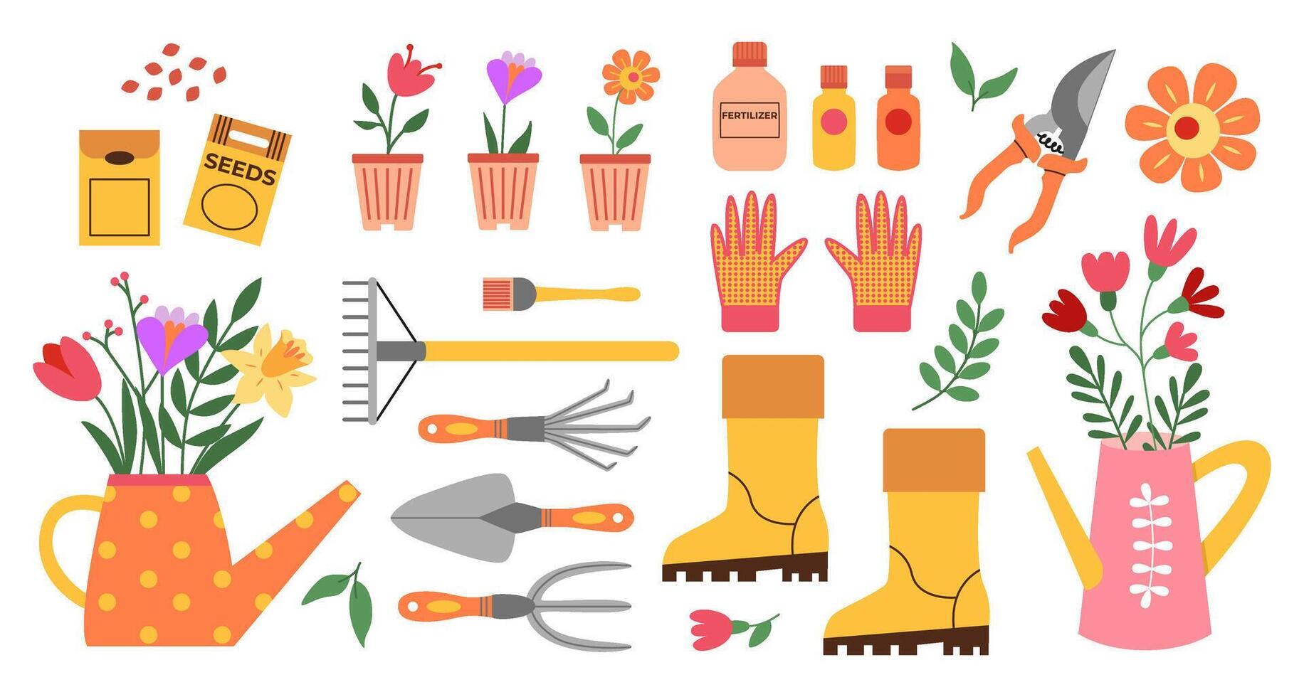 primavera jardinería y plantando jardín herramientas y engranaje, riego poder, semillas, plantas, fertilizante, botas, guantes, flores mano dibujado. vector dibujos aislado en blanco.