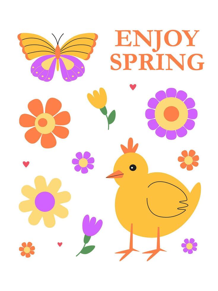 Chick, butterfly and colorful flowers isolated on white. Enjoy spring inscription and lettering. Spring time celebration. Greeting card, invitation, poster, banner, placard, background. vector