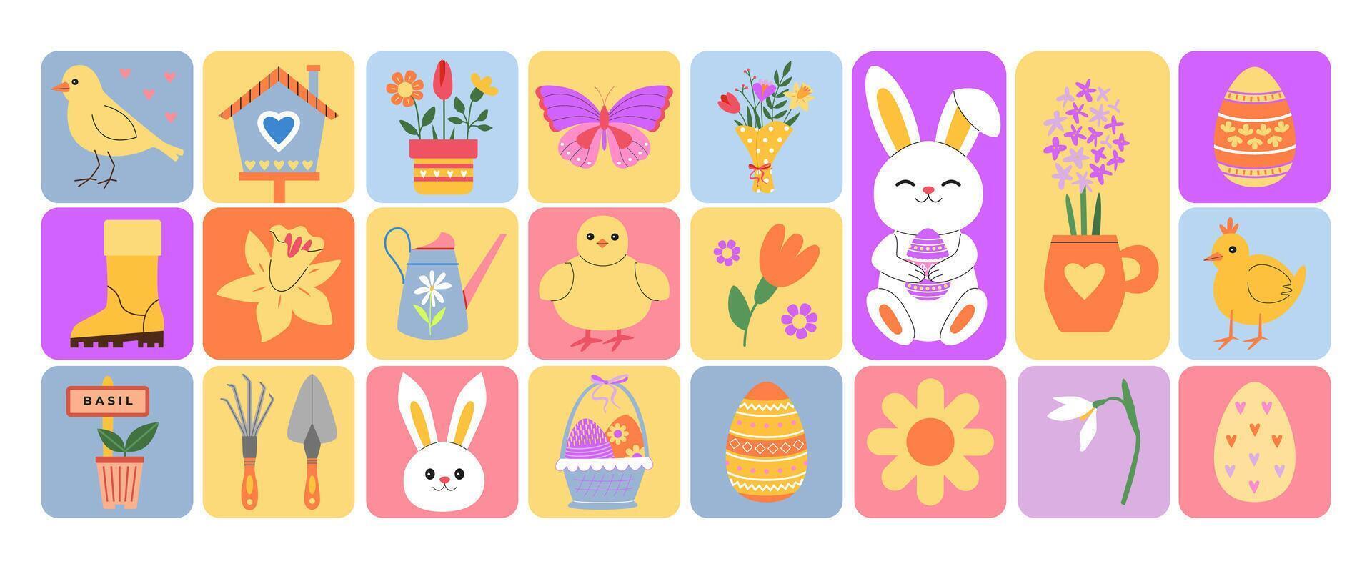 Abstract geometric spring, gardening, Easter. Colorful Easter bunny, chicks, eggs, flowers, garden tools. Eggs hunt. Playful stickers, tags, tiles, mosaic. Main spring symbols in colorful blocks. vector