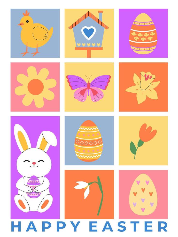 Easter geometric mosaic. Colorful Easter bunny, chick, eggs and flowers. Easter spring holidays. Eggs hunt. Happy Easter lettering. Greeting card, invitation, flyer, banner, background. vector