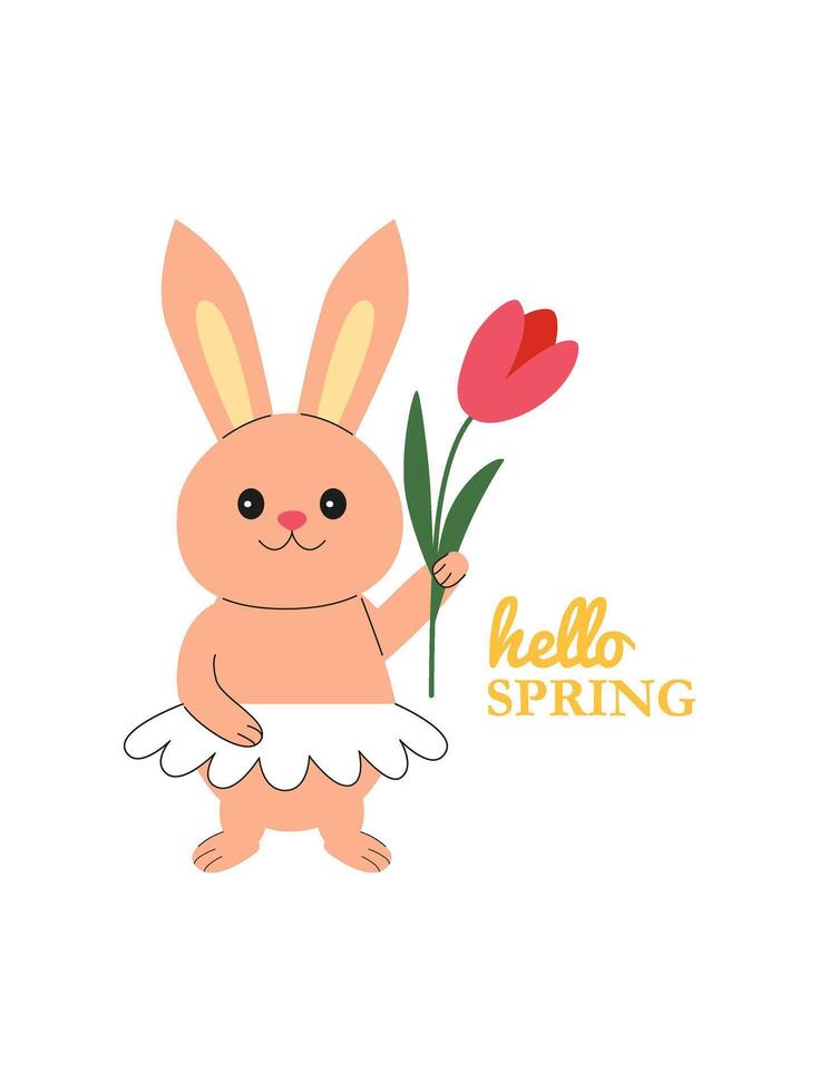 Cute Easter bunny with tulip. Hello spring lettering. Greeting card, flyer, invitation, background. Easter spring holidays. vector