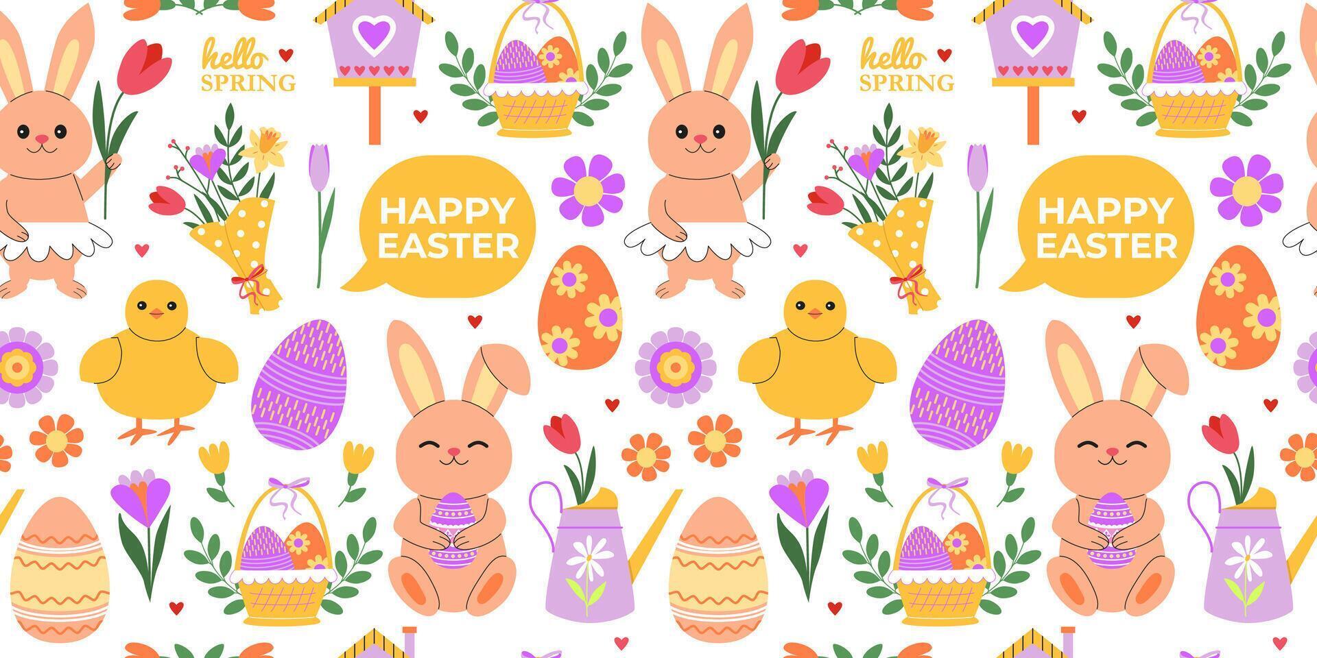 Easter bunnies, chicks and eggs seamless pattern. Happy Easter lettering in speech bubble. Easter spring holidays. Eggs hunt. Floral background, digital and wrapping paper. vector