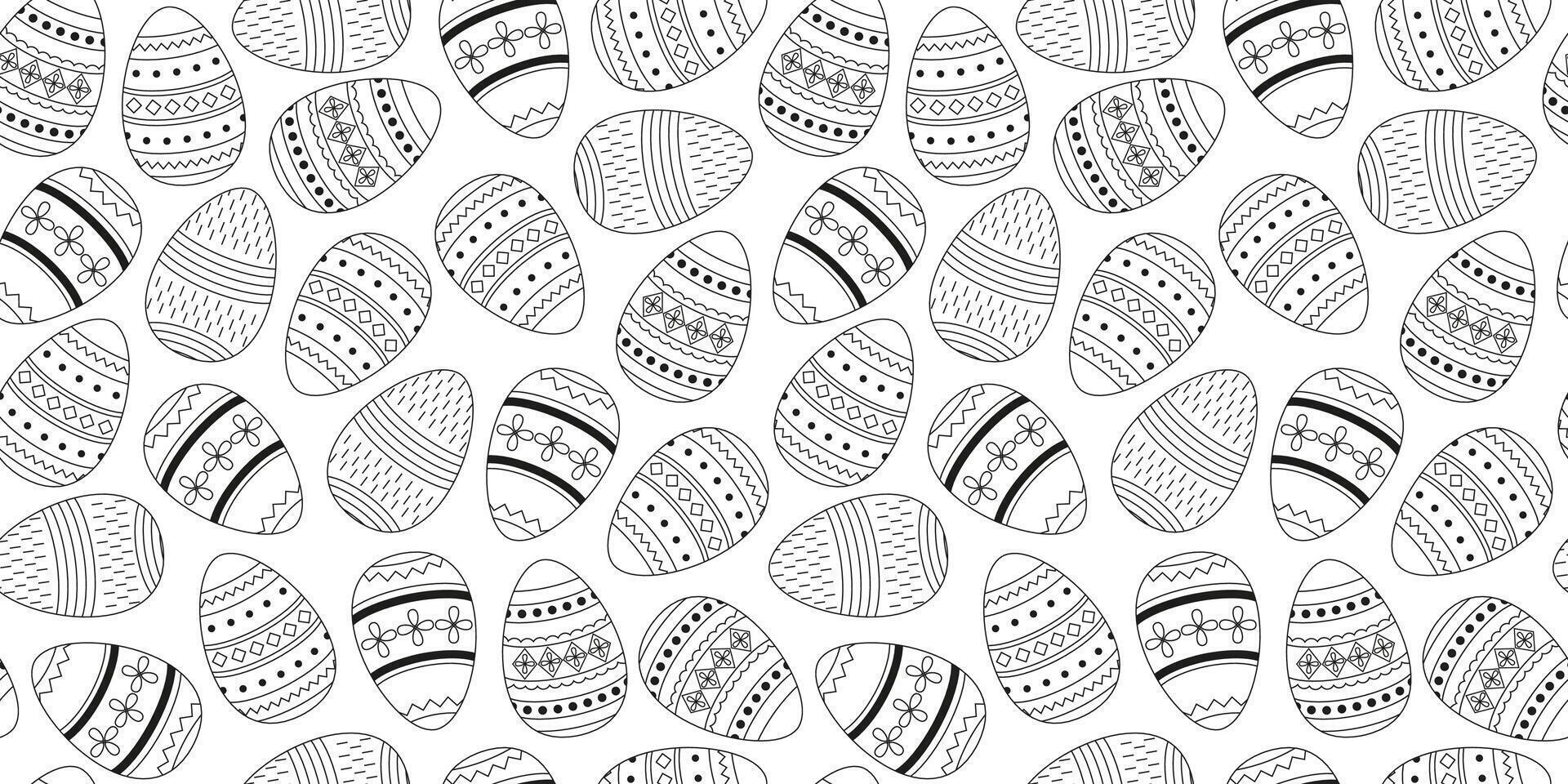 Linear Easter eggs seamless pattern. Holiday decorative eggs. Outline doodles and icons. Line art. Spring holidays. Coloring page. Background, digital paper. vector