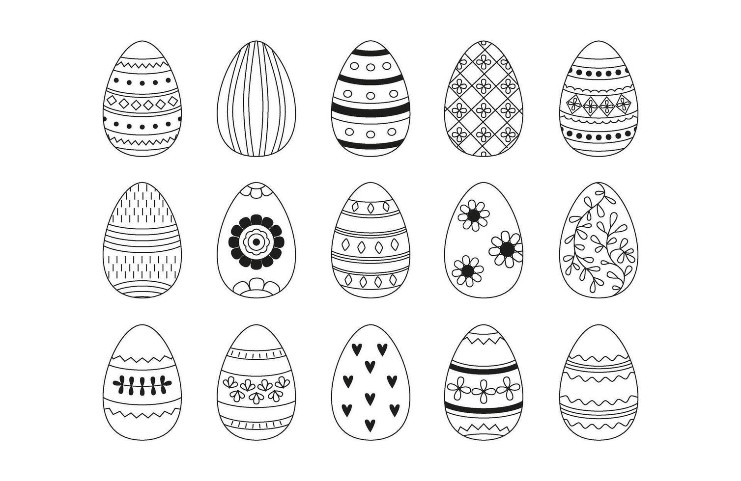 Linear Easter eggs. Holiday decorative eggs. Doodles and icons. Line art. Spring holidays. Coloring page. vector