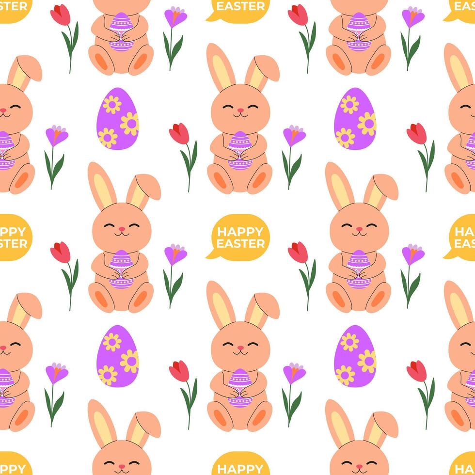 Cute Easter bunny with flowers. Spring floral seamless pattern, background, backdrop, digital and wrapping paper. vector