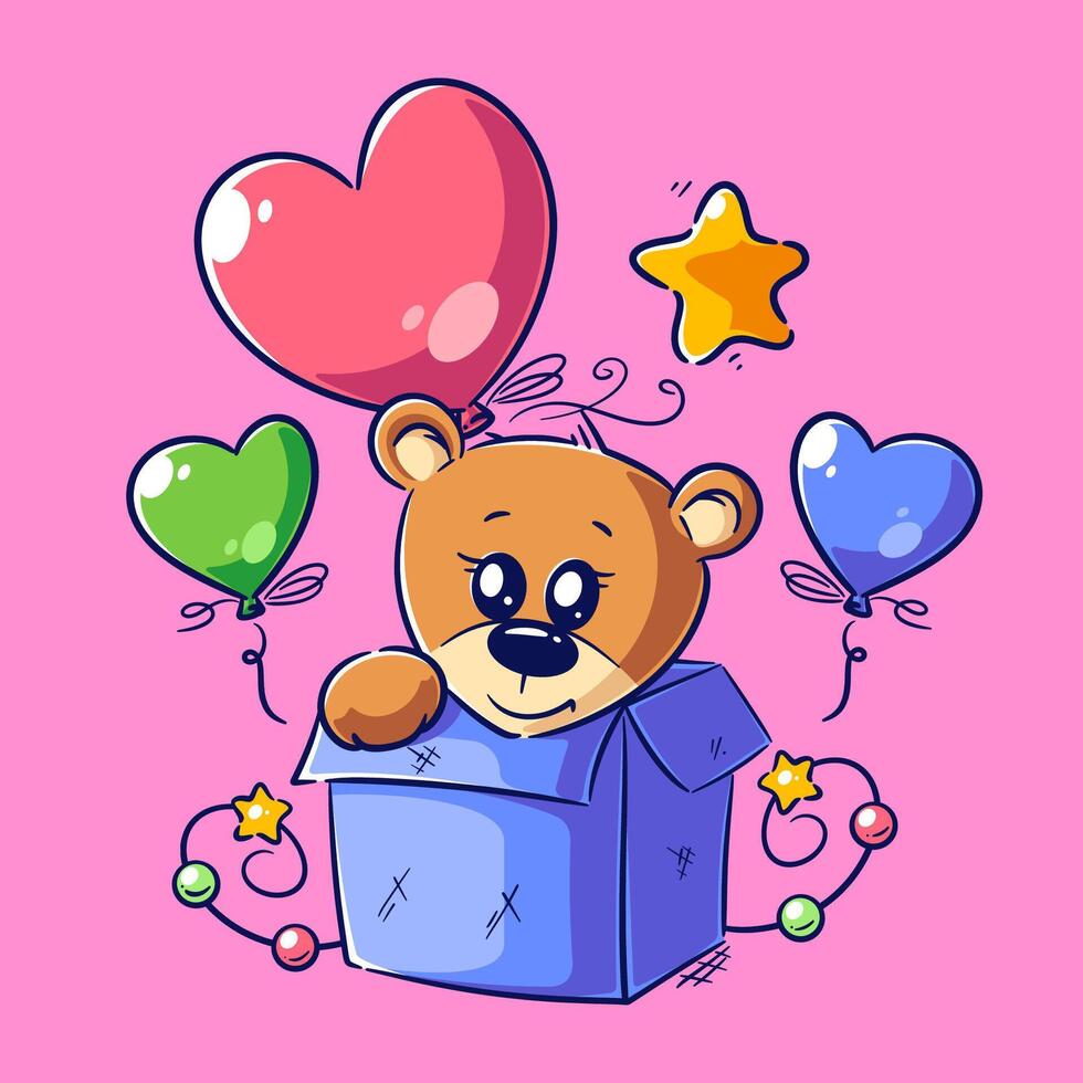 Cute bear is in the box with balloons vector