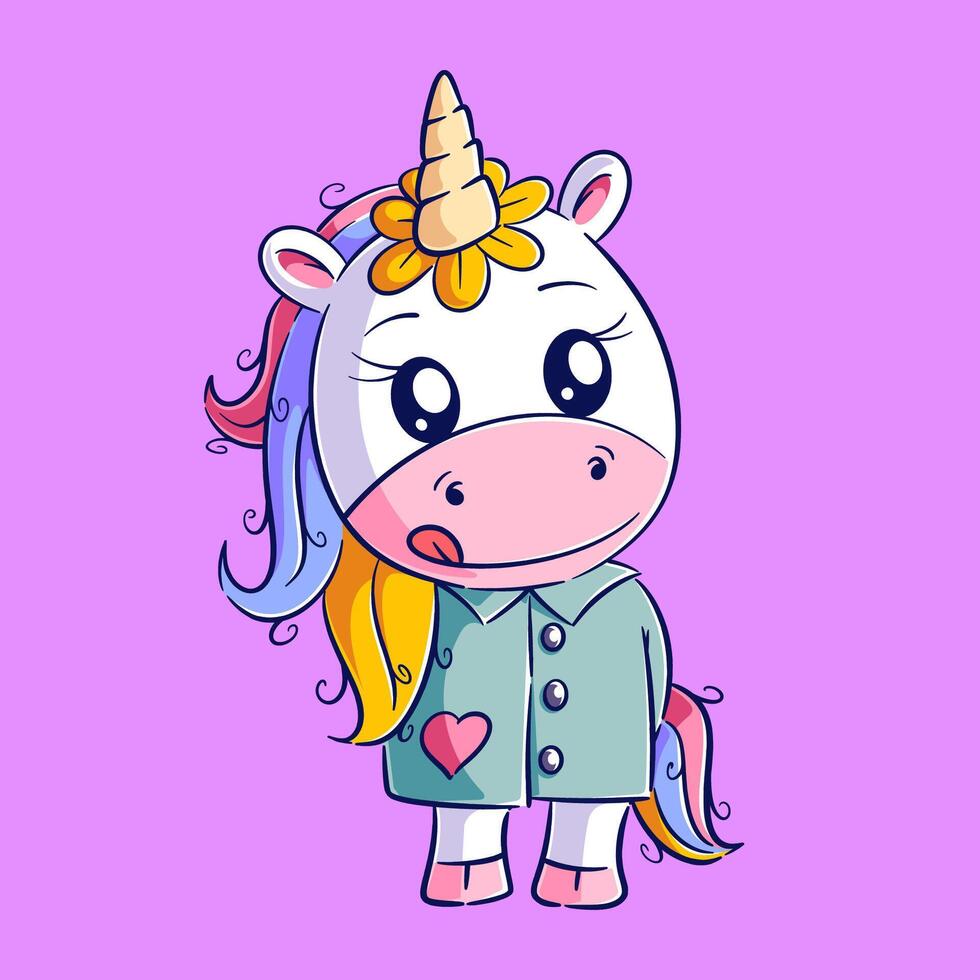 un linda unicornio es en pie y vistiendo un camisa vector