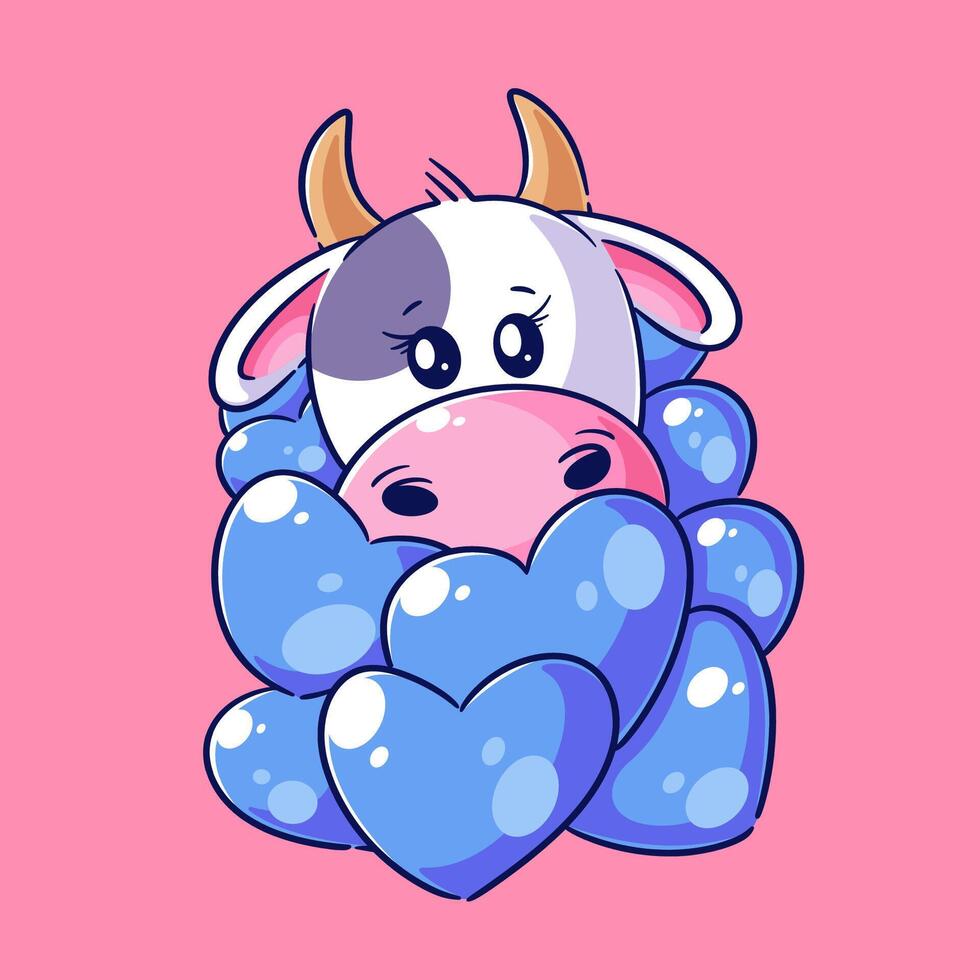 Cute cow is in a pile of hearts vector