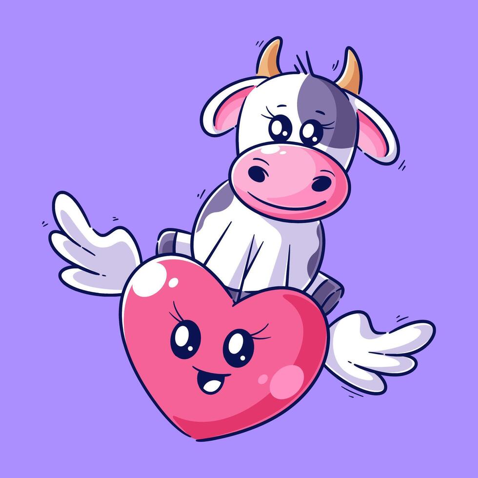 A cute cow is sitting on a winged heart vector